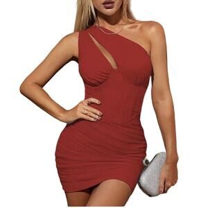 Womens Sexy One Shoulder Cutout Bodycon Corset Mesh Party Club Mini Dress XL New